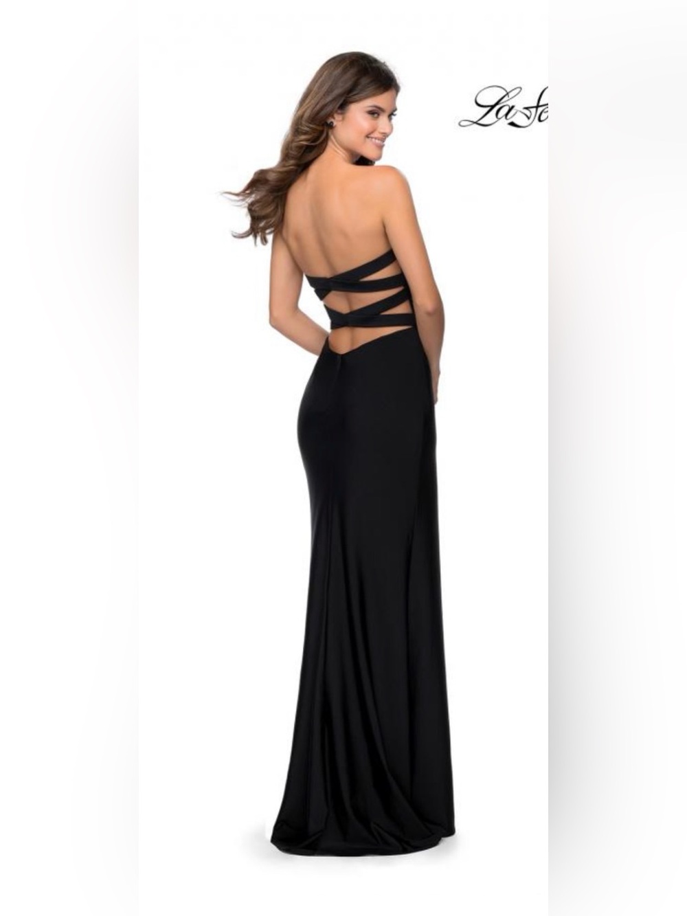 New LA FEMME Long strapless jersey dress Black Size 8 - Picture 4 of 5